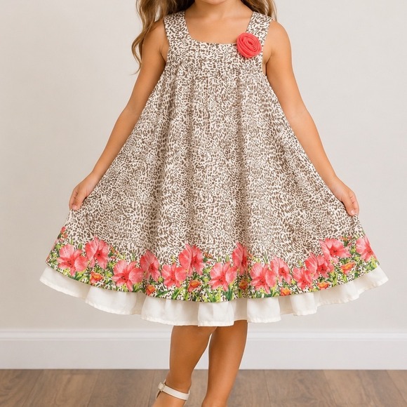 Blueberi Boulevard Other - Blueberi Boulevard Sleeveless Dress Kids Size 5 Tan Leopard Floral Rosette Hem